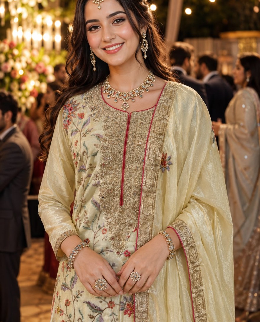 CREAM - Chinon Salwar Suit In Cream Colour
